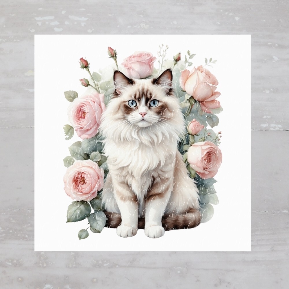 Floral Cat Rose Ragdoll Cat Fabric Panel Square Craft Sewing Quilt Block A745