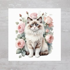 Floral Cat Rose Ragdoll Cat Fabric Panel Square Craft Sewing Quilt Block A745