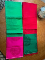 2 Pcs Korean Trad: Double-Sided Silk? Fabric 76″x58 each, Red/Green/Fuchsia New