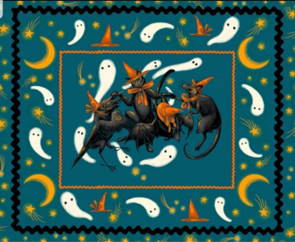 Free Spirit – Halloween Dance Quilting Fabric Panel – Skeleton💀, Ghost👻, Cat🐱