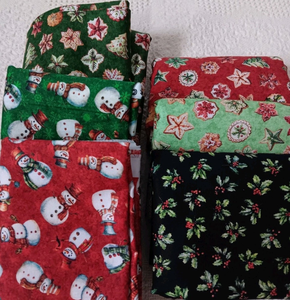 FQ BUNDLE Set/6 Fabric CHRISTMAS COOKIES DANCING SNOWMEN HOLLY JOLLY Cotton NEW