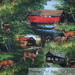 BonEful Fabric FQ Cotton Quilt Green Natural Covered Bridge Blue Water Deer Fawn