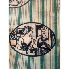 Vintage Flapper Girl Aviation Car Print Fabric Green Stripe 1.5 Yards 36×54