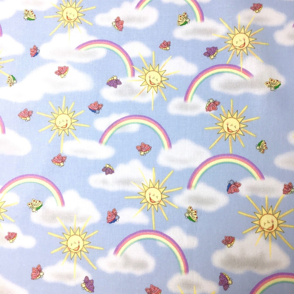 1/2 Metre Sunny Rainbow Sun Cloud Sewing Quilting Fabric Cotton New Multicolour