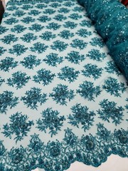 Turquoise Beaded Lace Bridal Wedding Fabric Sold By Yard Scalloped Floral Prom