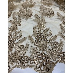 Antique Gold Sequin Floral Embroidered Tulle Fabric