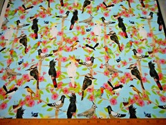 Tropical Fabric By Half-Yard Pink Floral Perched Parrots Birds on Blue Cotton #C