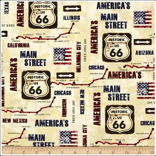 On The Road Again America Main Road Route 66 map Cream Cotton Fabric By 1/2 YARD