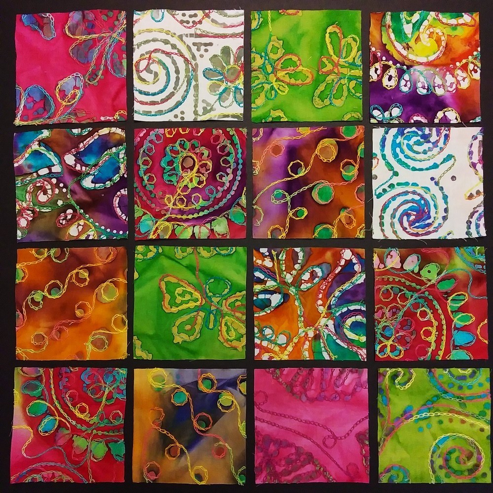 EMBROIDERED BATIK (16) 4″ Fabric Charm Squares, For Crafts-Quilts-Tote Bags, etc
