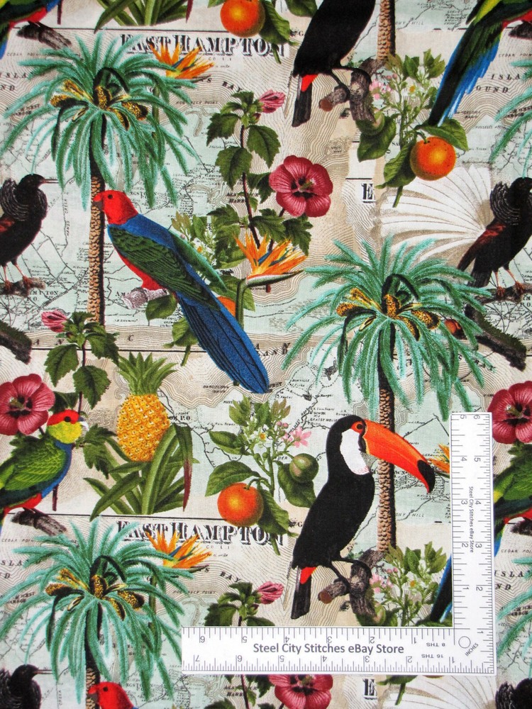 Flowers Birds Fabric Vintage Vacation Parrots Cotton David Textiles By The Yard