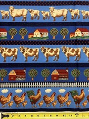 Vtg Cranston Farm Border Stripe Fabric 3 Yards Country Chicken Cow Sheep Barn