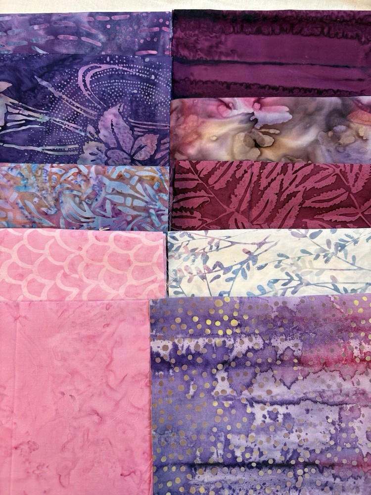 Batik cotton fabric Lot of 10 fat eighths scraps 9″ x 21″ pink purple