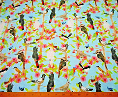 Tropical Fabric By Yard Pink Floral Perched Parrots Birds Trees Blue Cotton #C
