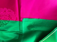 2 Pcs Korean Trad: Double-Sided Silk? Fabric 76″x58 each, Red/Green/Fuchsia New