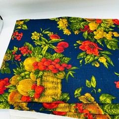 1+ Yard Vintage House N Home Fabrics Fruit Baskets Blue Red Bark Cloth Cotton