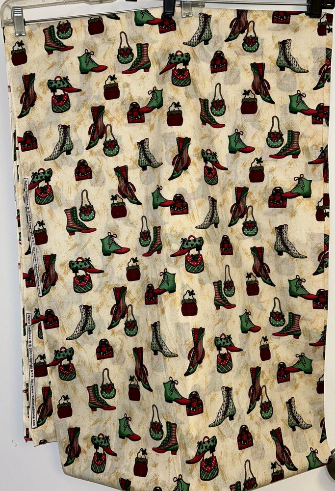 Fabric Tradition 2005 VTG Victorian SHOES & HANDBAG XMas Glitter Sparkles Fabric