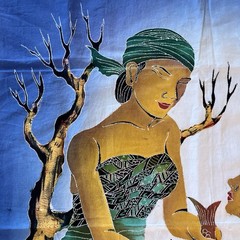 Women Catching Baskets Of Fish Ocean Rocks Indonesian Batik Panel