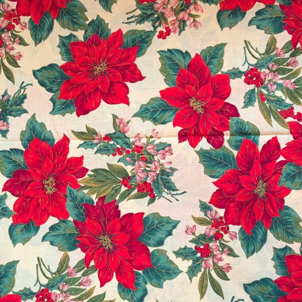 Christmas Poinsettia Fabric Gold Metallic Red Floral Cotton 4 Yards 44×144