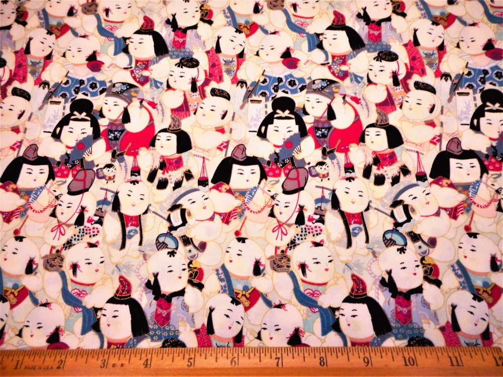 Asian Fabric By Yard VTG Oriental Men & Women Metallic Gold Premium Cotton #1 #C