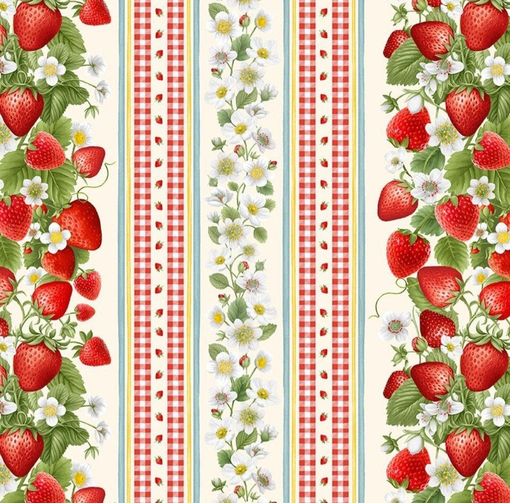 Timeless Treasures Berry Sweet Red Strawberry Border Stripe Fabric by the Yard