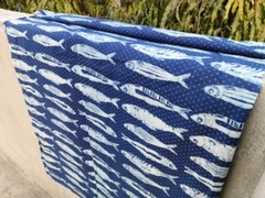 Indigo Blue Fish Hand Block Printed 100% Cotton Cloth, Dress Fabric by the Yard