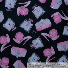 BonEful FABRIC FQ Cotton Quilt Black Pink Diva Girl Flower CROWN Silver Metallic