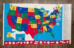 Vintage Map of United States Cotton Fabric Panel USA State Birds Flowers