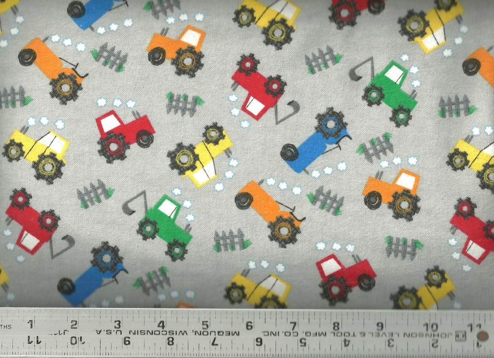 AE Nathan ~ Red Green Blue Yellow Orange Tractors 100% Cotton Flannel Fabric BTY