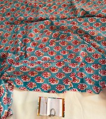 Sky Blue Floral Hand Block Print Cotton Fabric By Yard ,Quilting & Dressmaking
