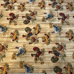 Country Chickens Rooster Best Sunflowers Wood grain Print Fabric Traditions 2 Y