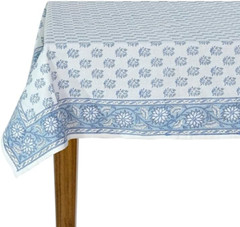 Sky Beau Blue Block Print Cotton Tablecloth for Dining & Events 72″x190