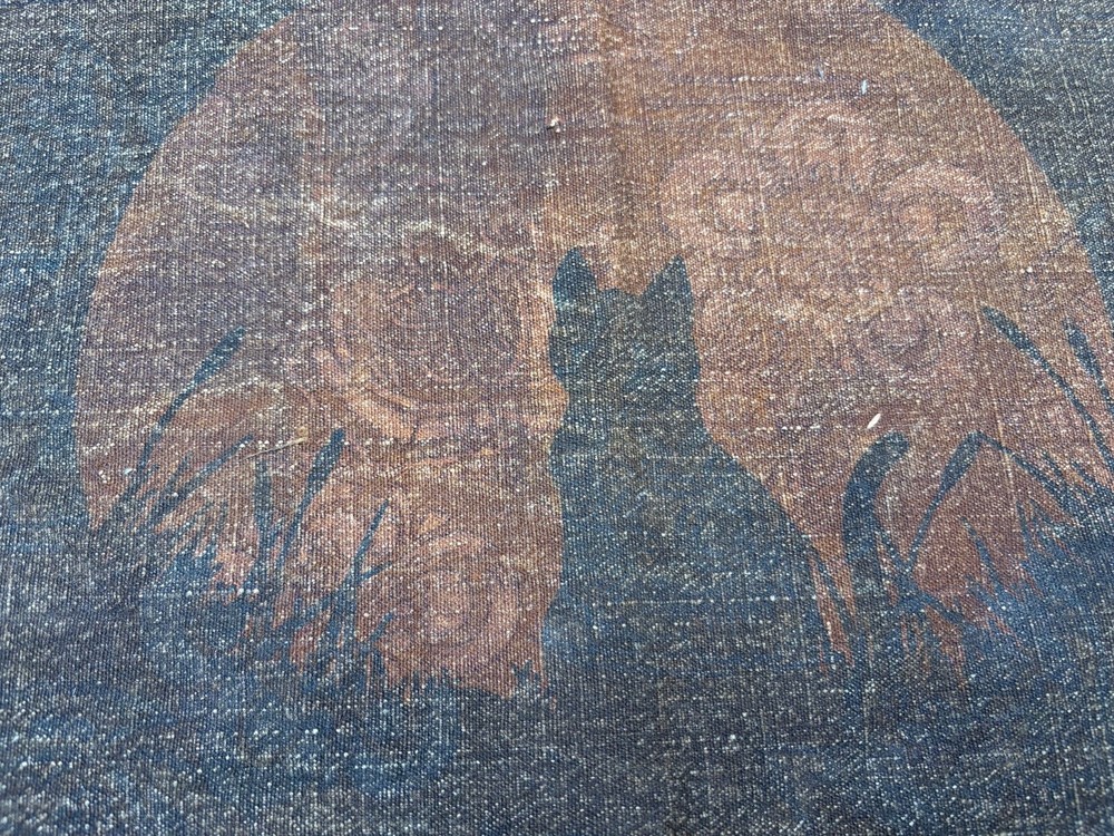 Black Cat Under the Moon Linen Fabric Panel | Primitive Folk Art | 12×17 Inch