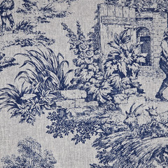 VTG 1986 Blue Grey Toile Drapery Fabric House Party House N Home Remnant 16Lx43W