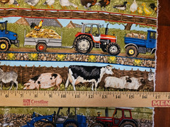 Fabric Farm Stripe Scene Tractors Cows Pigs Sheep 44″ w x 22″ long