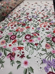 Fabric By The Yard Lace Embroidery Multicolor Pink Floral On Nude Mesh Lace
