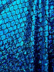 Mermaid Turquoise Blue Hologram Fish Scales on Black Spandex Fabric by the yard