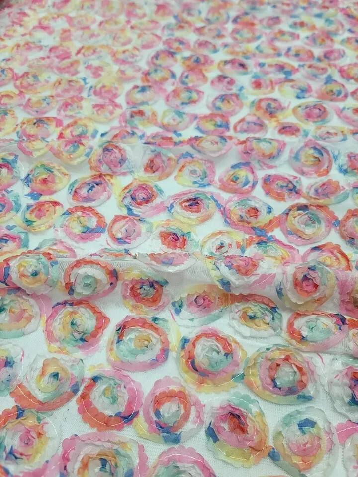 “White Mesh Fabric with Multicolor Floral Embroidery and Pastel Confetti: Sold b