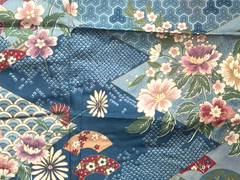 Vtg Robert Kaufman~ Asian Blue Floral & Fan Cotton Fabric 1 yd