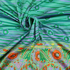 Vintage 70s Chrisali Nylon Poly Spandex Fabric 1.5yd Green Floral Border Stretch