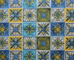 David Textiles Medallion Tiles teal blue yellow white By 1/2 yard cotton fabric
