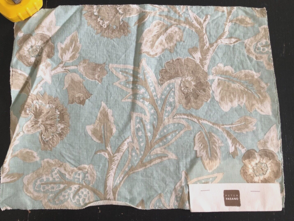 PETER FASANO Tinay in Taupe, Aqua 11 5/8 x 15 1/2″ Floral Fabric Sample