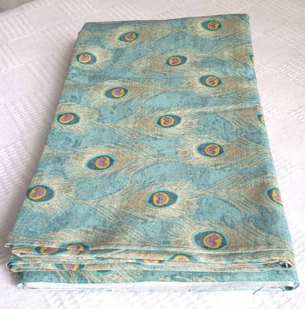 Teal Indian Peacock Feathers Fabric 2 Yds X 43″ Suzanne Nicoll Springs Creative