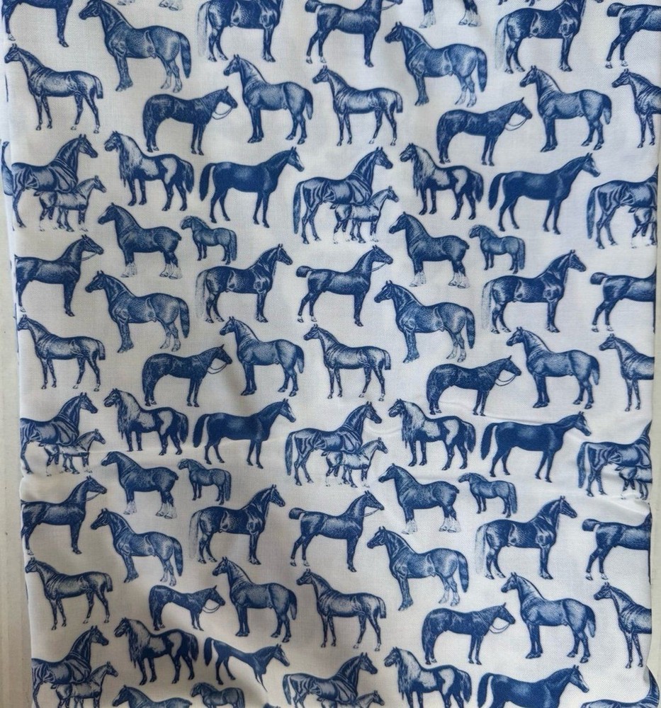 Spoonflower Blue Horse White Pattern Equestrian 3 Yards Fabric 100% Cotton