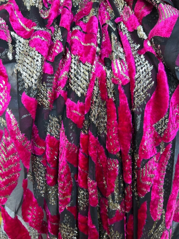 Hot Pink & Gold Velvet Burnout on chiffon Fabric By the Yard 42″ Wide