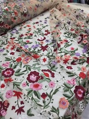 Fabric By The Yard Lace Embroidery Multicolor Pink Floral On Nude Mesh Lace