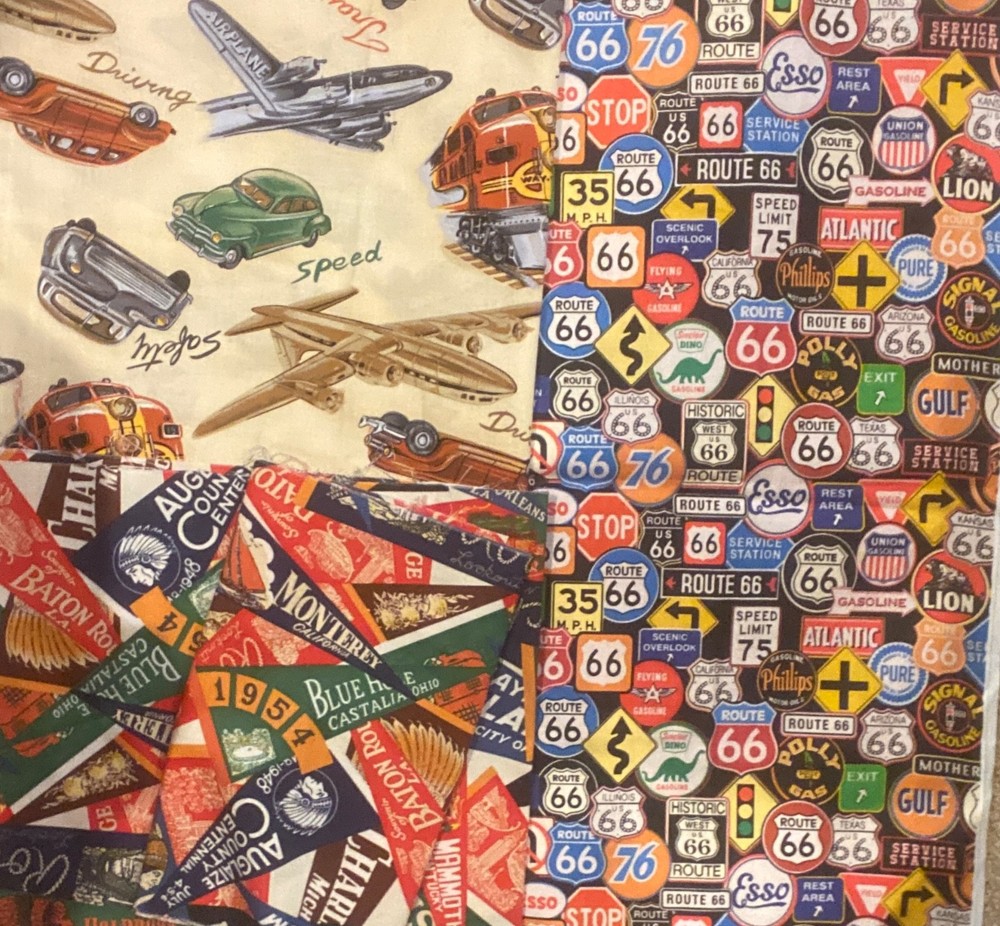 ROUTE 66 Travel SOUVENIR Pennants CARS Road Signs COTTON FABRIC Lot 4 pieces