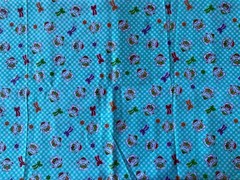 DRESSED TEDDY BEARS FABRIC~Aqua Plaid Bkgrnd~BOWS~Holding Banners~HATS TIES~Baby