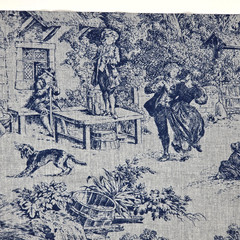 VTG 1986 Blue Grey Toile Drapery Fabric House Party House N Home Remnant 16Lx43W