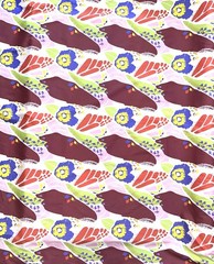 African Stretch Cotton Satin Fabric- Pink, Brown, Green “Sweet Thistle”, Per Yd