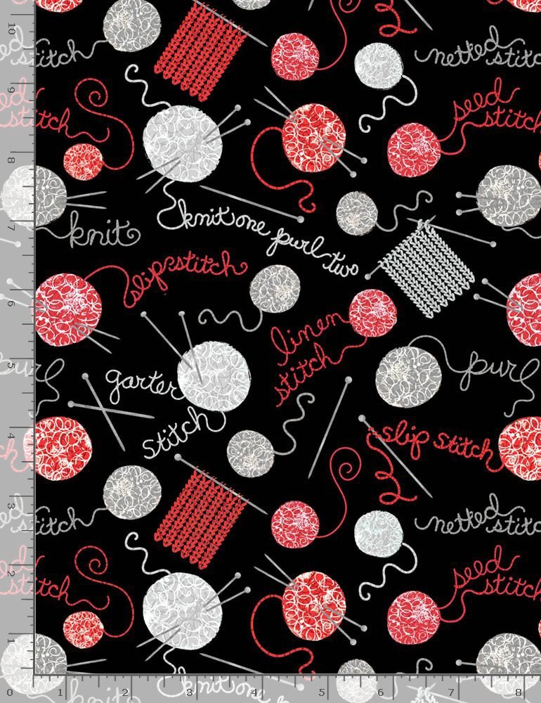 Yarn Fabric, BTY, Yarn and Knitting Needles, C7862-Black, TheFabricEdge